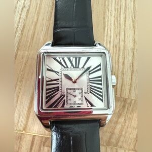 Vicence 925 Sterling silver square black leather dress watch NEW BATTERY